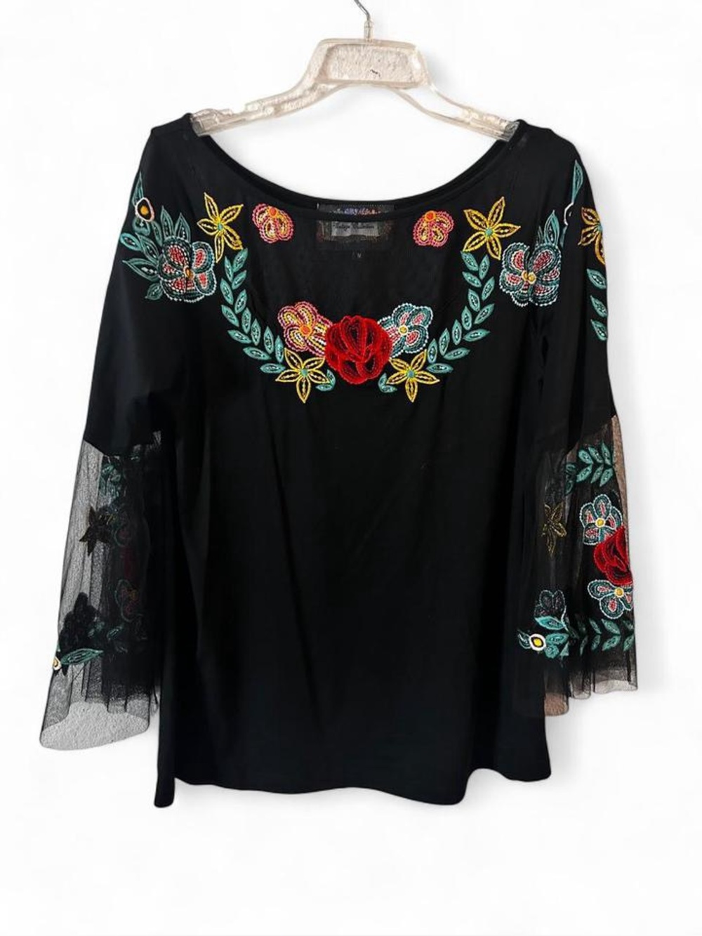 Vintage Collection brand black embroidered blouse sheer sleeves